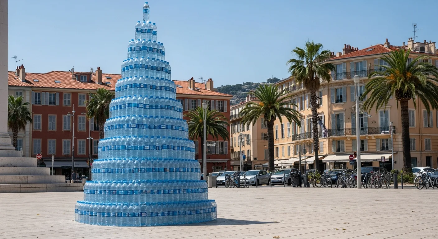 Pyramide van waterflessen duikt op op Place Masséna in Nice tijdens hittegolf
