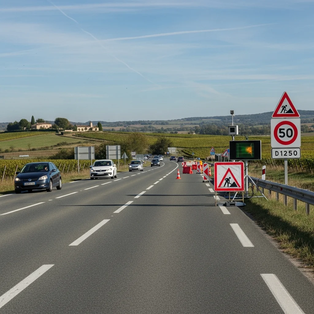 Snelheidslimiet tijdelijk verlaagd naar 50 km/u op départementale D1250 door werkzaamheden en extra controles
