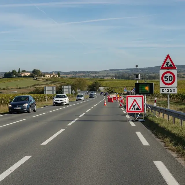 Snelheidslimiet tijdelijk verlaagd naar 50 km/u op départementale D1250 door werkzaamheden en extra controles