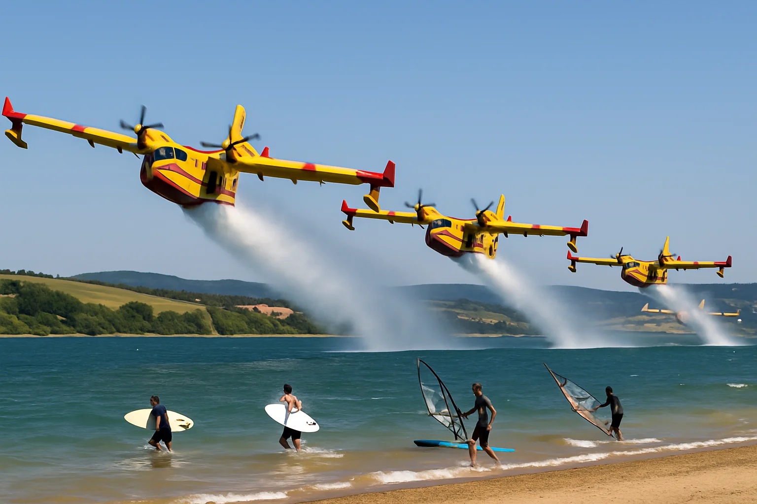 Vier waterbommenwerpers verrassen surfers op Frans recreatiemeer