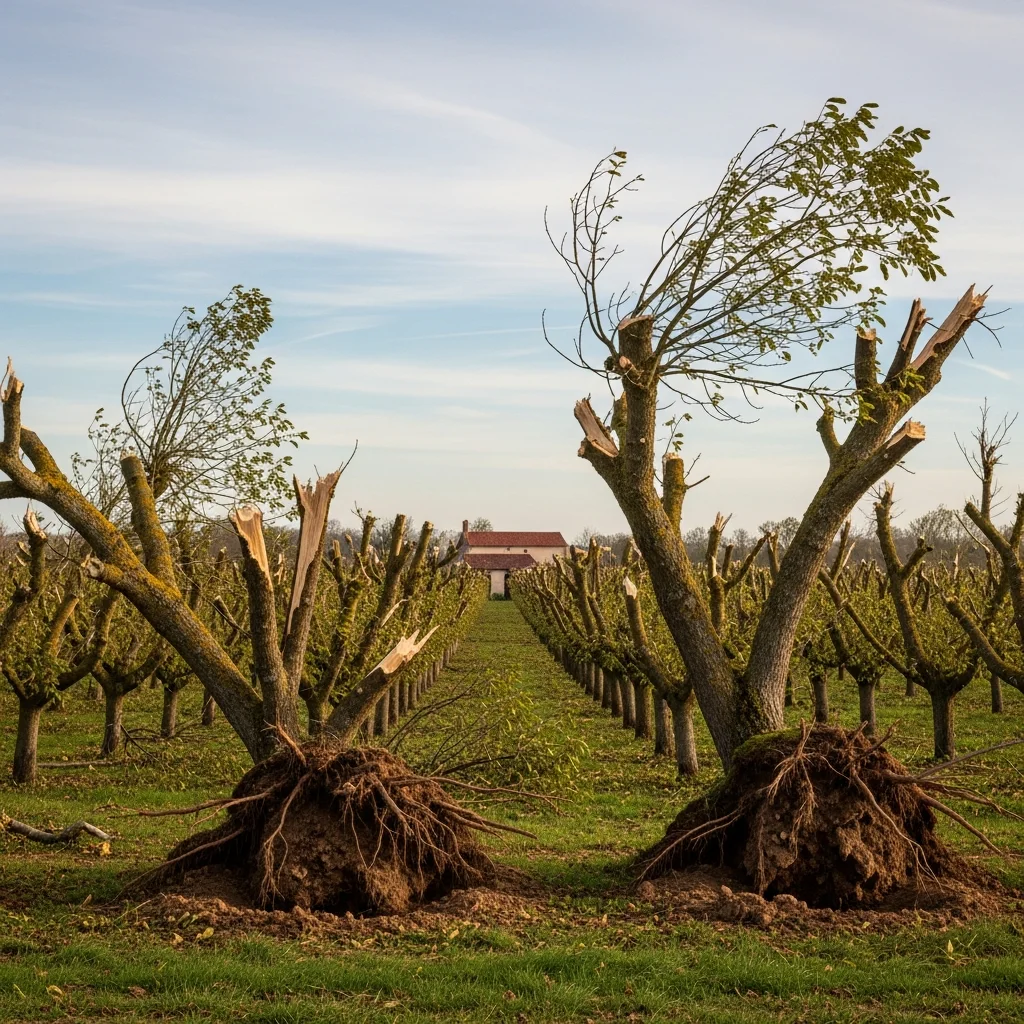 Tornado veroorzaakt zware schade aan walnootboomgaard in noordelijk Lot