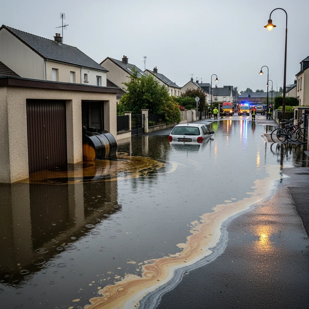 Garage in Saint-Jory onder water na zware regenval, lekkende olietank bemoeilijkt opruimwerk