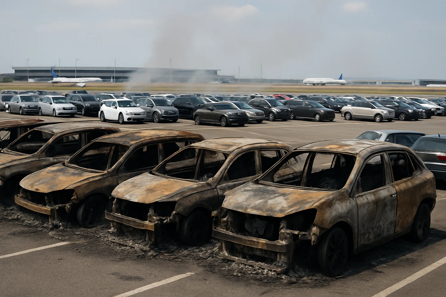 Tientallen auto’s verwoest door brand op luchthavenparking nabij Parijs-Charles de Gaulle