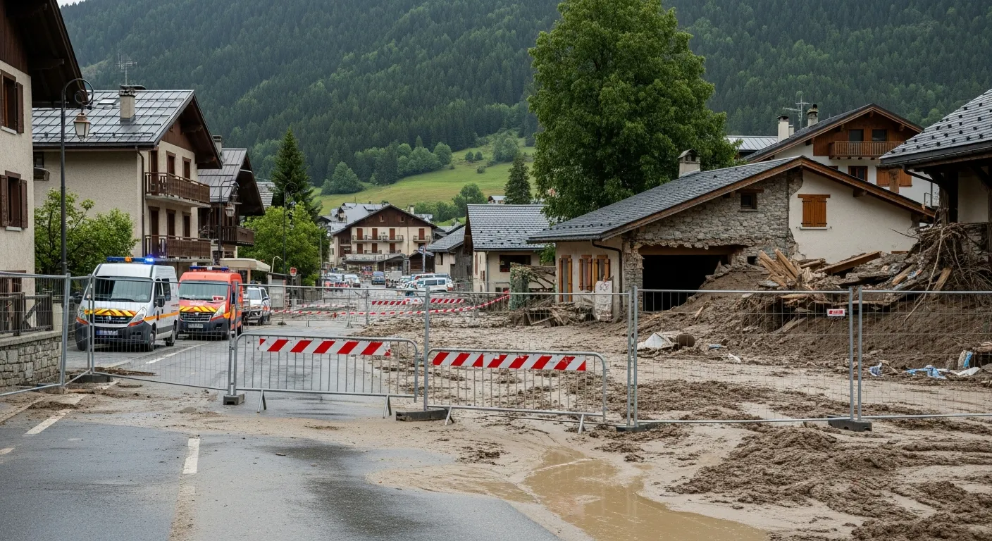 Modderstroom veroorzaakt evacuaties en schade in Magland, Haute-Savoie
