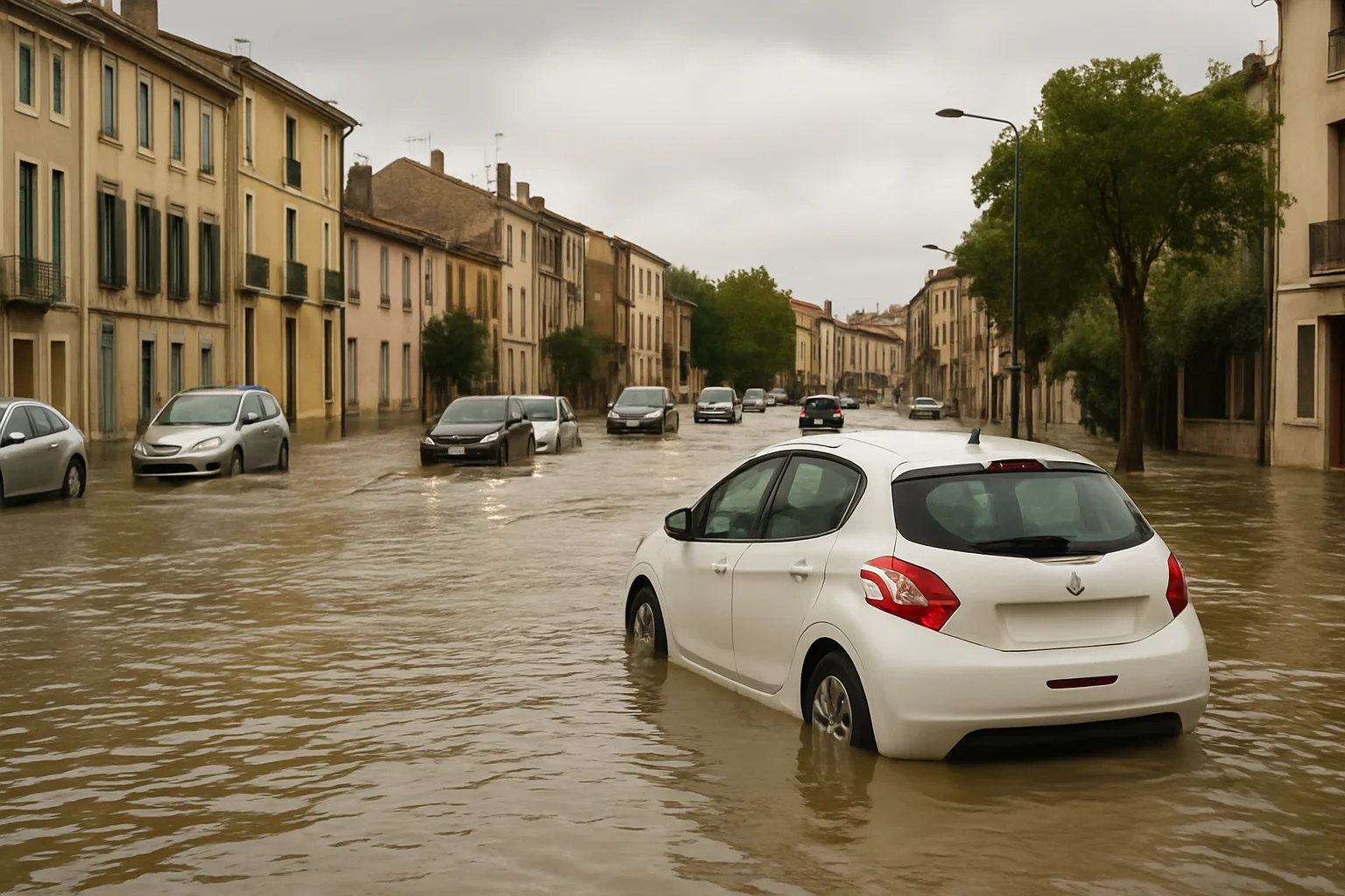 Zware overstromingen en verkeersoverlast in Narbonne en omgeving door extreme neerslag
