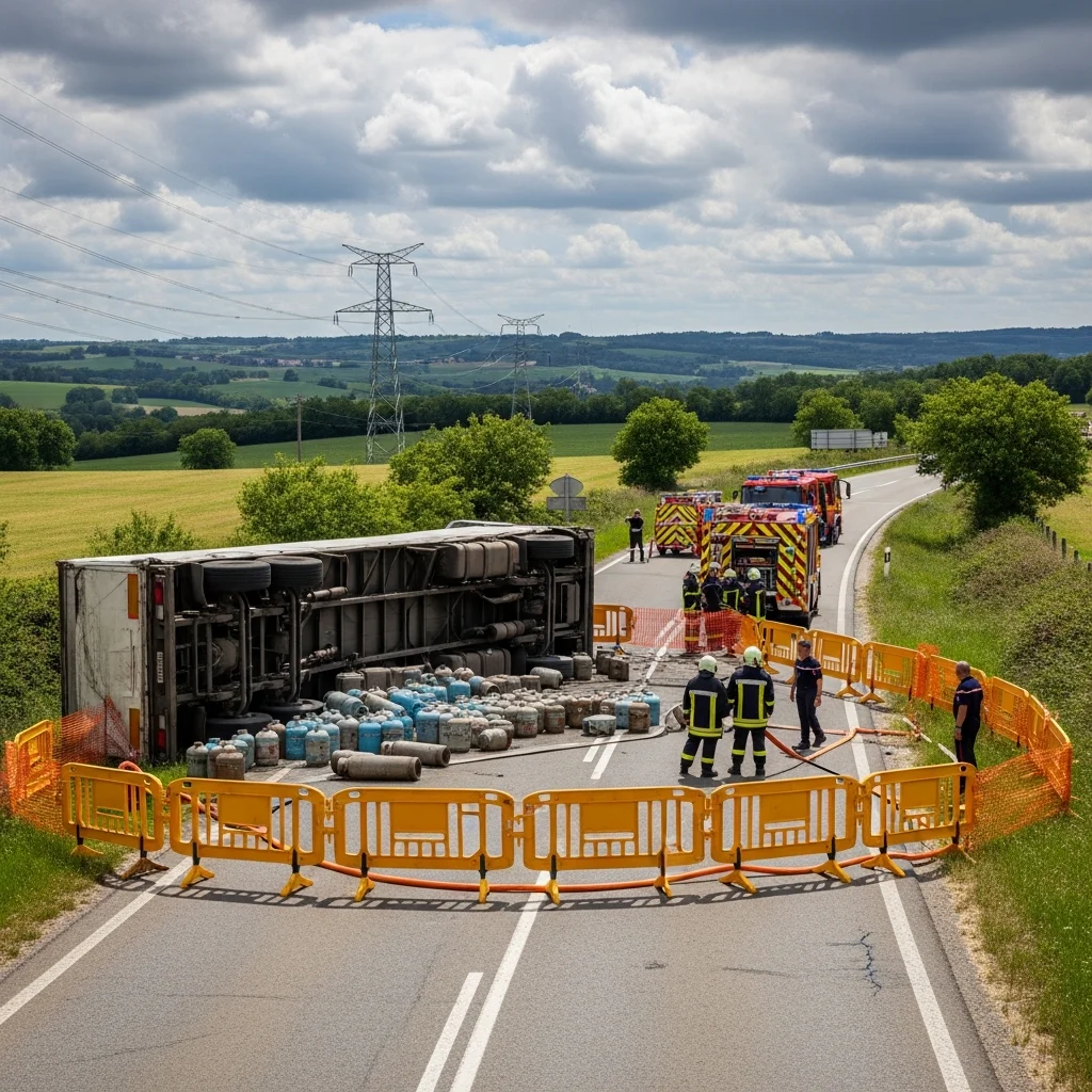 Vrachtwagen met gasflessen gekanteld bij Lauzerte zorgt voor veiligheidsmaatregelen en verkeershinder