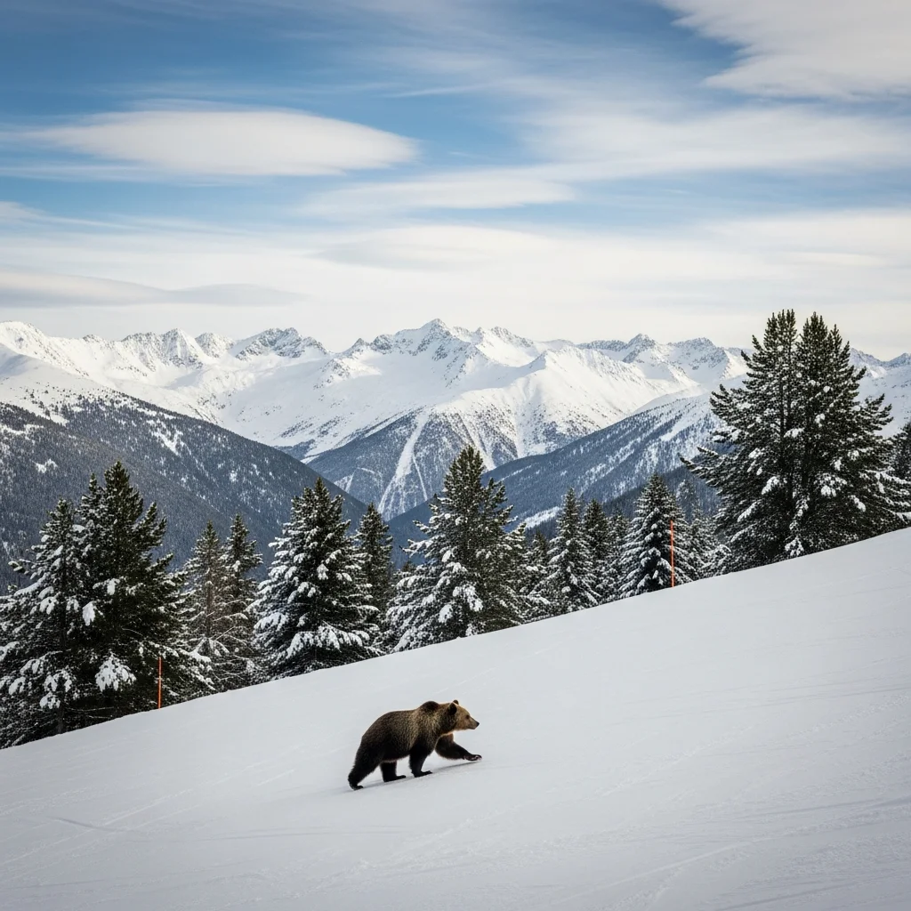 Bruine beer gespot op skipiste in de Pyreneeën