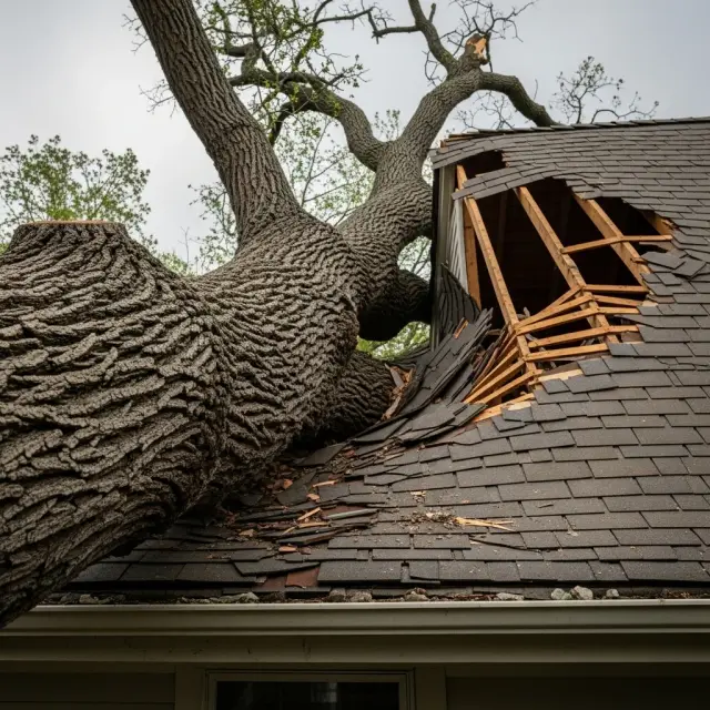 Schade aan woning in Saint-Hilaire door omgevallen boom tijdens storm Nils