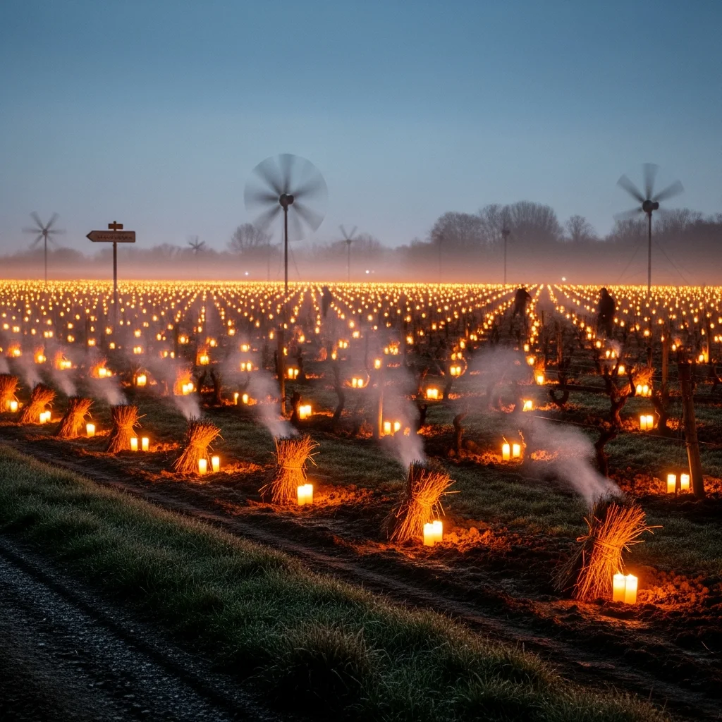 Duizenden kaarsen en dikke rook in strijd tegen vrieskou in de Franse wijngaarden