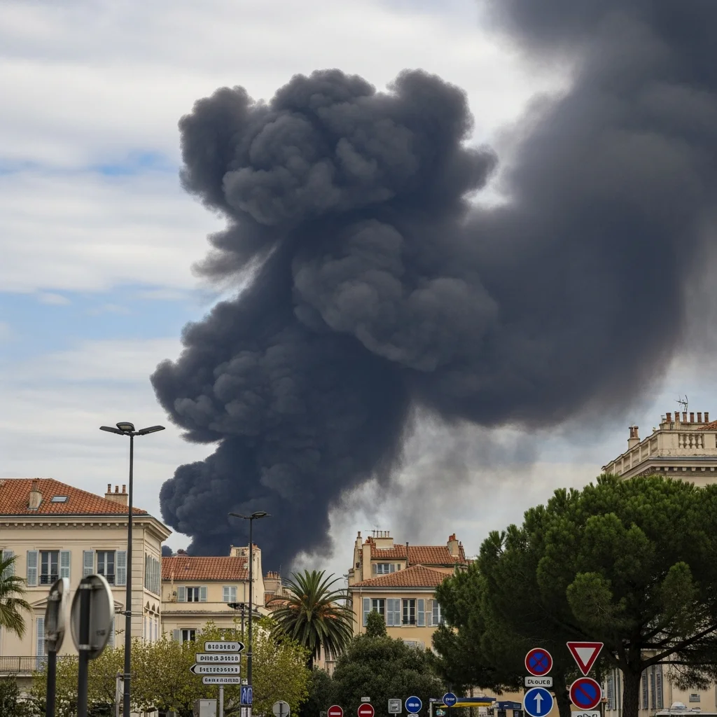 Zwarte rookwolk zichtbaar boven oude centrum Antibes
