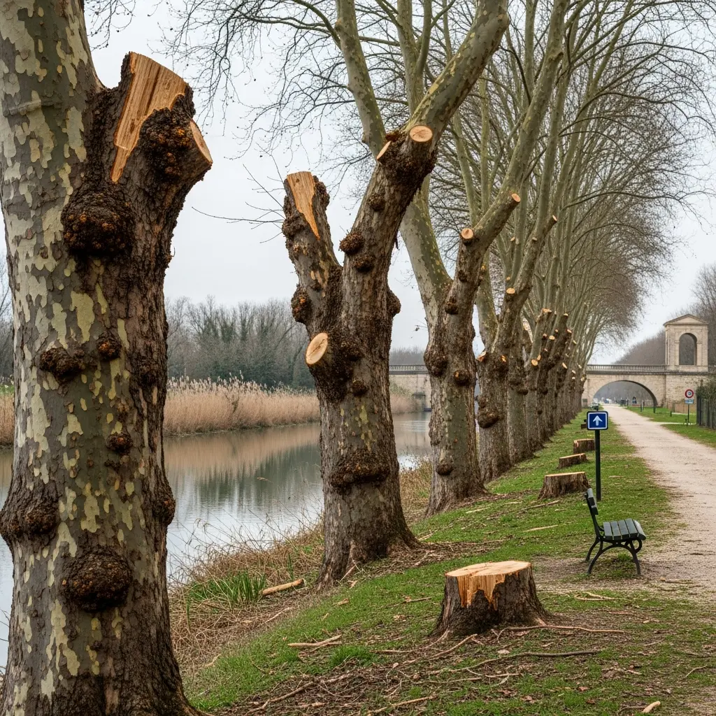 Grote verliezen aan platanen langs kanaal van Midi door hardnekkige schimmelziekte