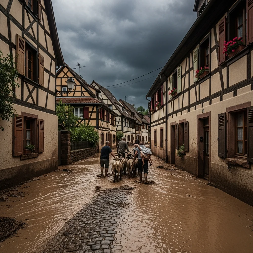 Hevige regenval veroorzaakt modderstroom in Elzassisch dorp Aschbach