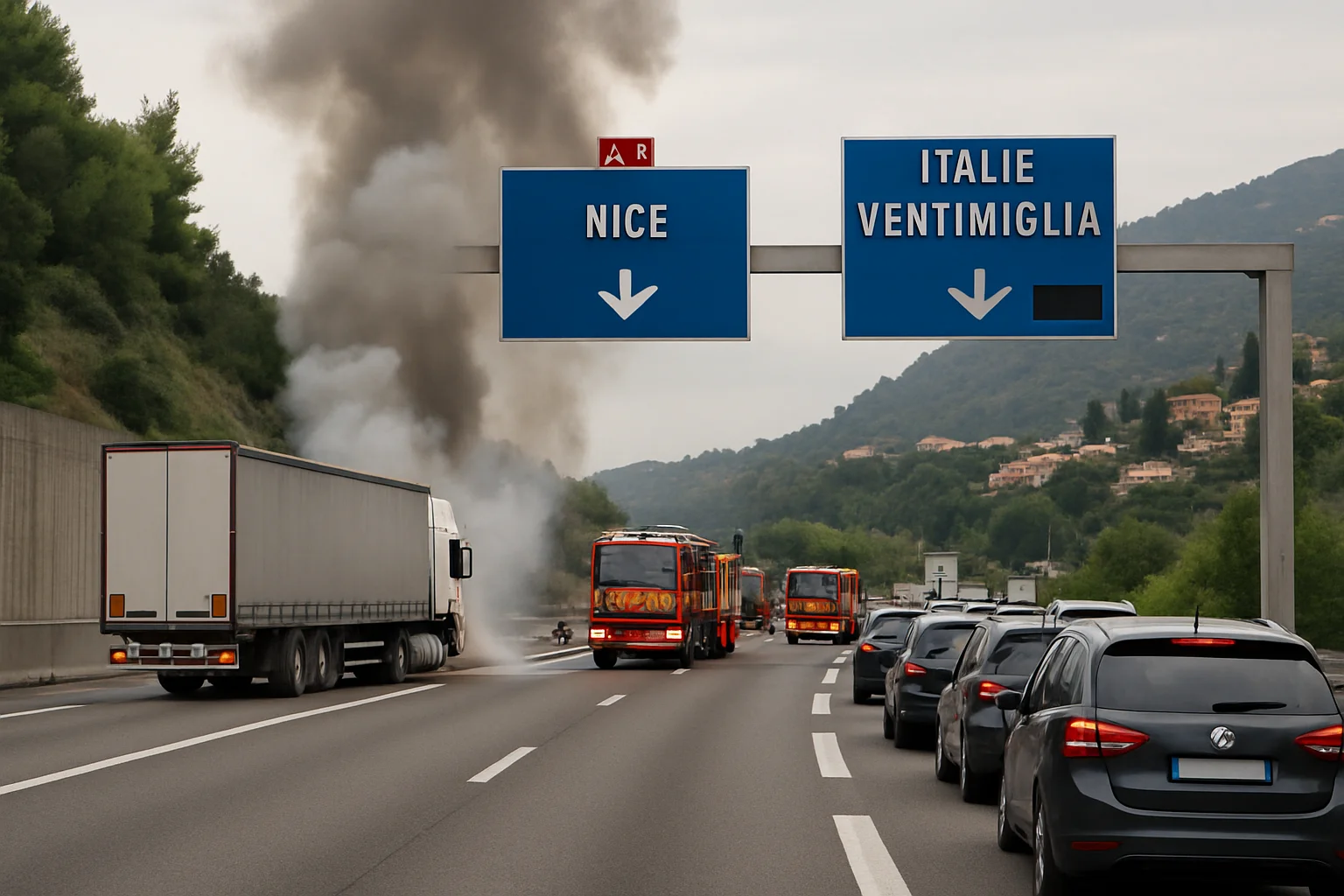 A8 richting Italië volledig dicht na brand in vrachtwagen bij Menton
