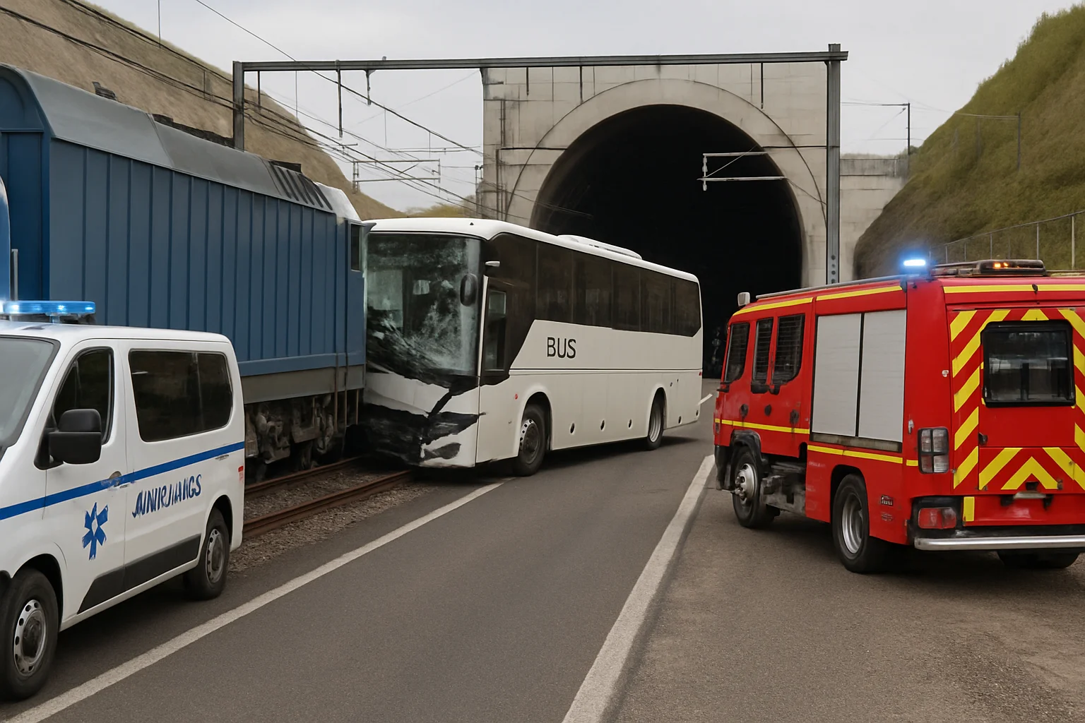 Botsing tussen vrachtentrein en bus bij Kanaaltunnel, 19 gewonden