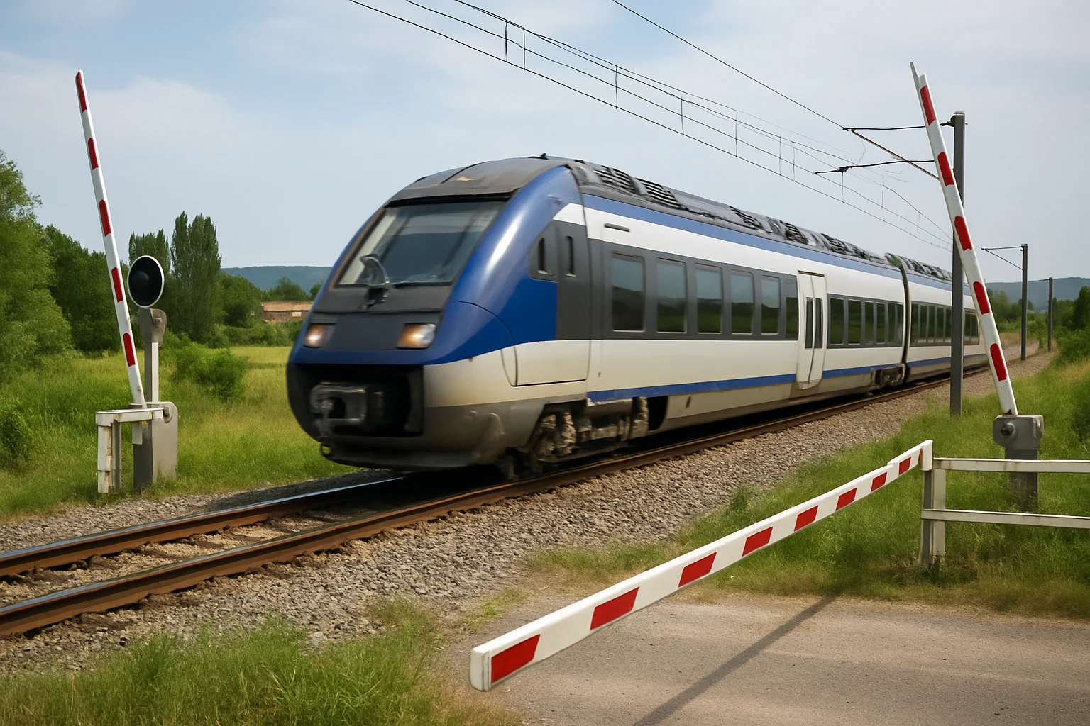 Trein rijdt op hoge snelheid over open spoorwegovergang nabij Toulouse