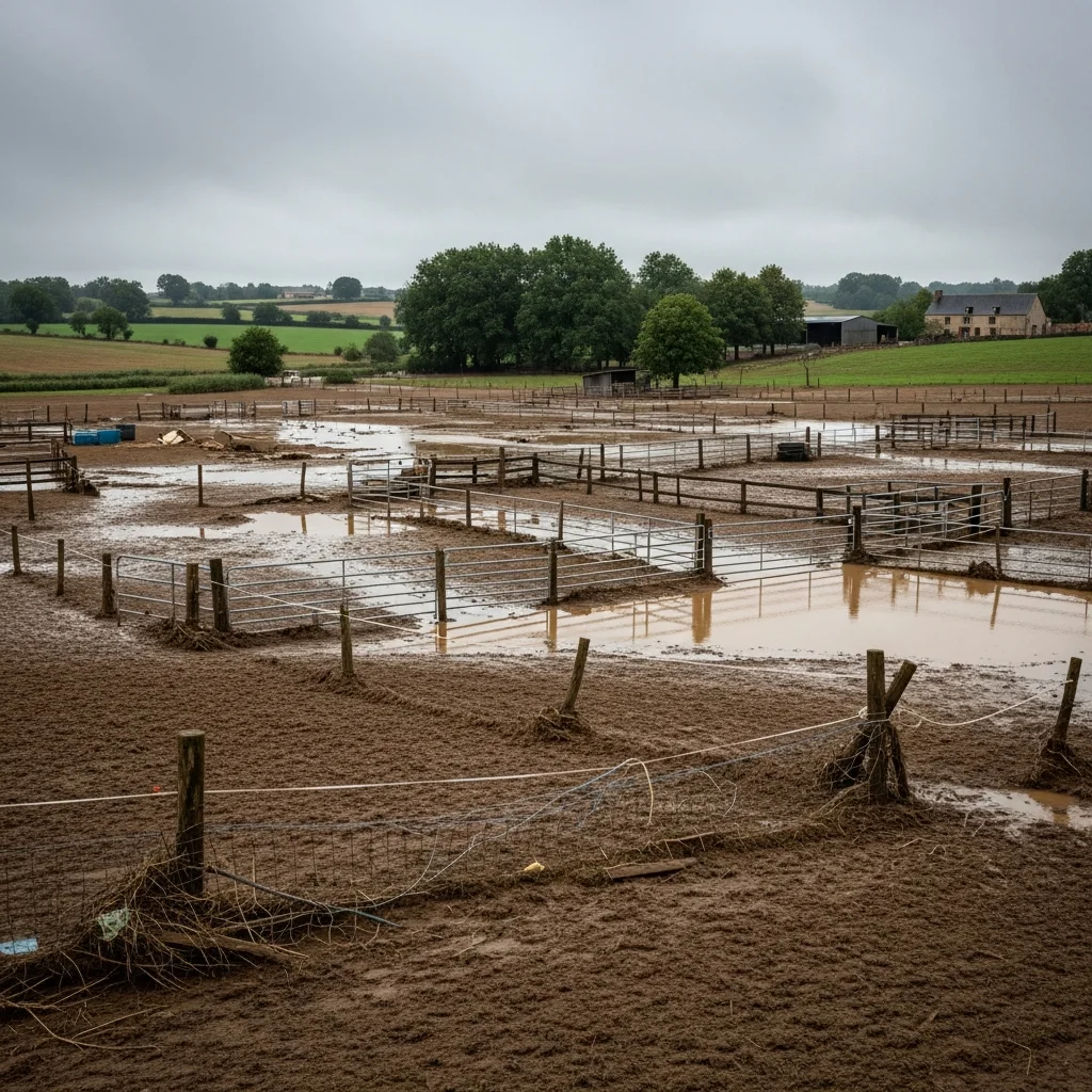 Opnieuw zware overstromingsschade aan boerderij bij Fauguerolles na storm Nils