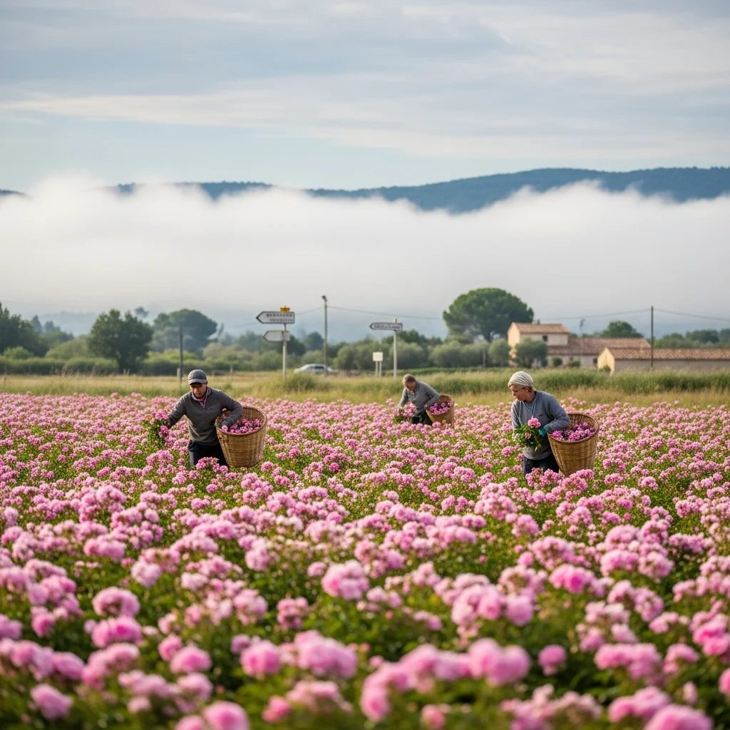 De geurige oogst van de Rosa centifolia rond Grasse
