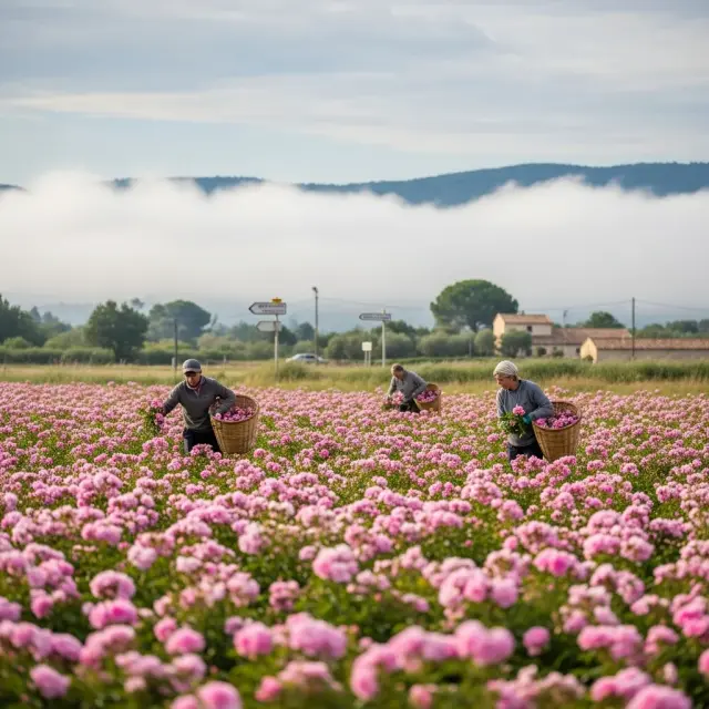 De geurige oogst van de Rosa centifolia rond Grasse