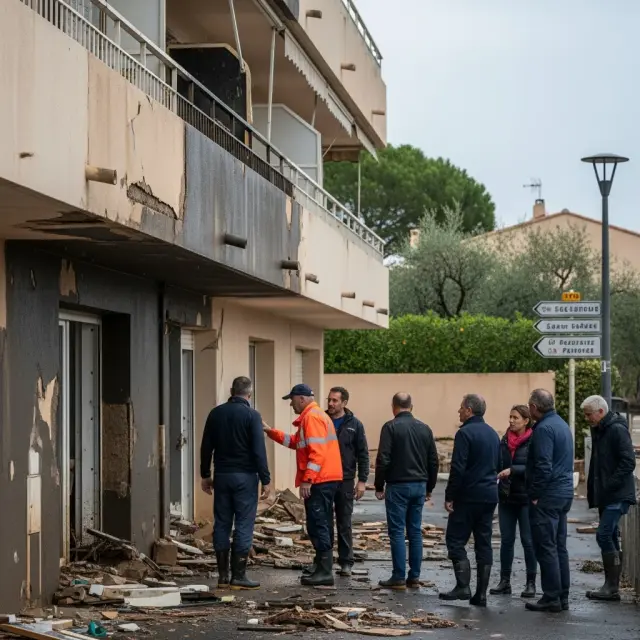Opvolging van schade na overstroming in appartementencomplex Golfe-Juan