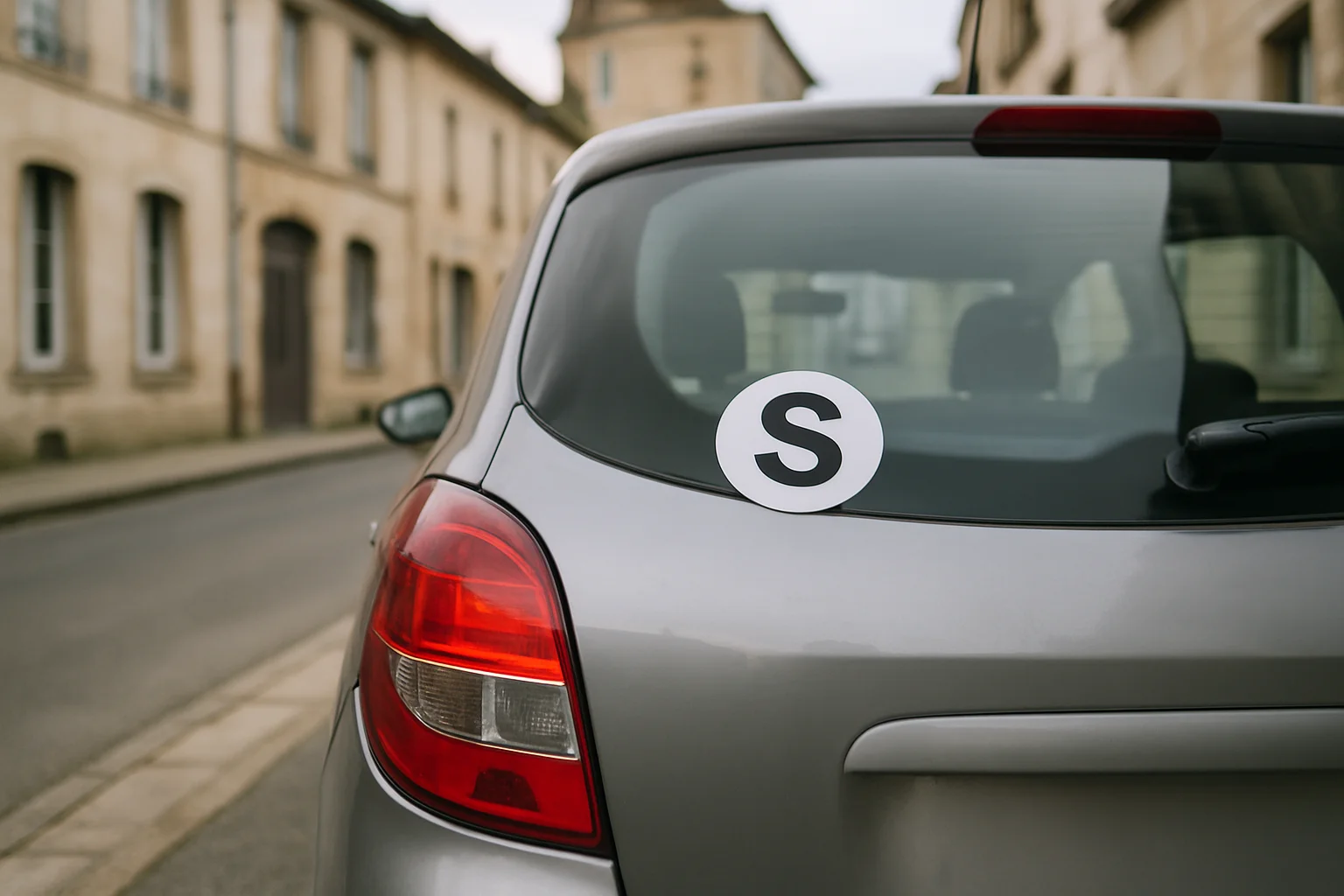 S-sticker op Franse auto's toont vrijwillig senior aan het stuur