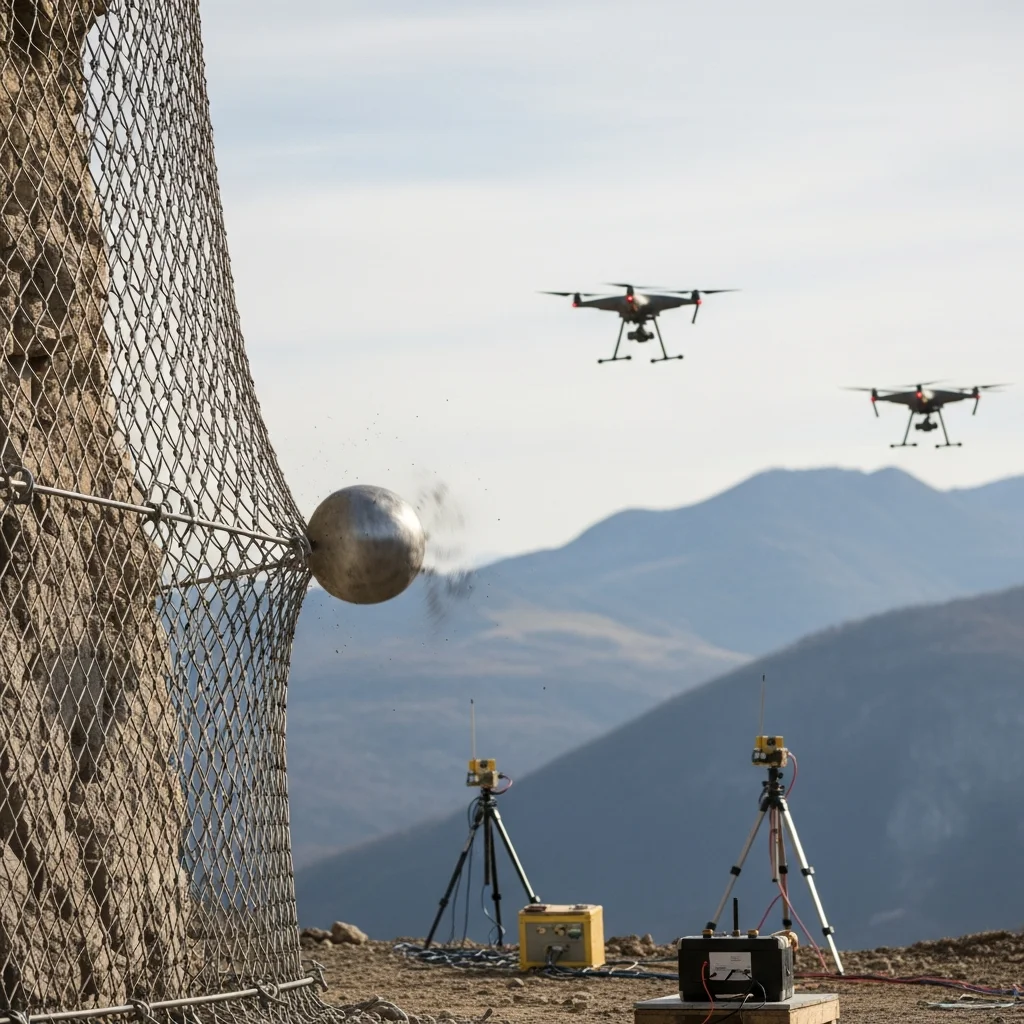 Laboratorium bij Lyon test moderne rotsvalbescherming voor Franse wegen
